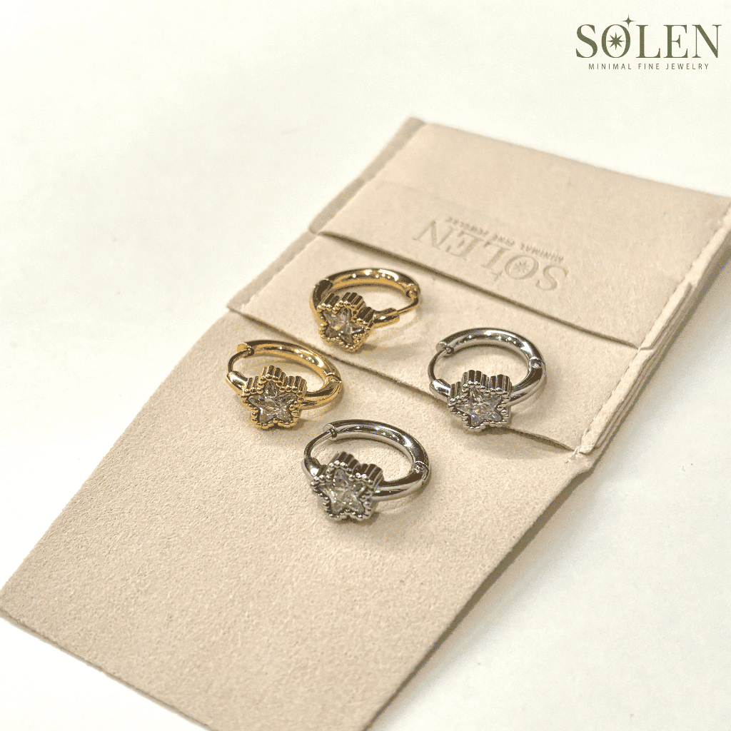 SOLEN Starry Hoop ต่างหูห่วง รูปดาว ต่างหูสแตนเลสแท้ 100% ผิวแพ้ง่ายใส่ได้ Geometric Star Earrings