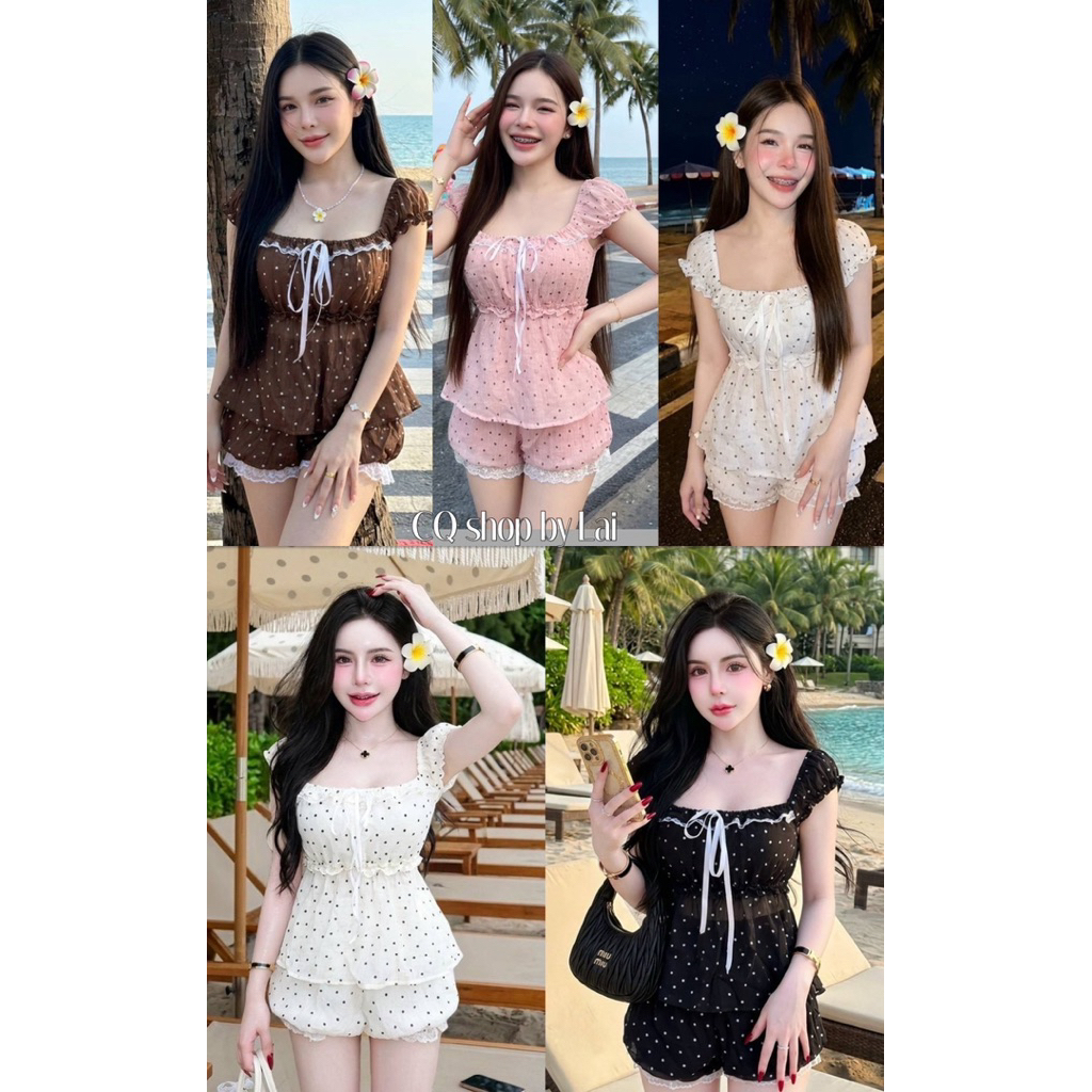 เซท3ชิ้นลายจุดเสื้อ แต่งระบายใต้อก ✨ ใส่แล้วทรงเป๊ะสวยมาก ผ้าบางเบาใส่สบาย มาพร้อมกางเกง บอลลูนขาสั้นสุดฮิต