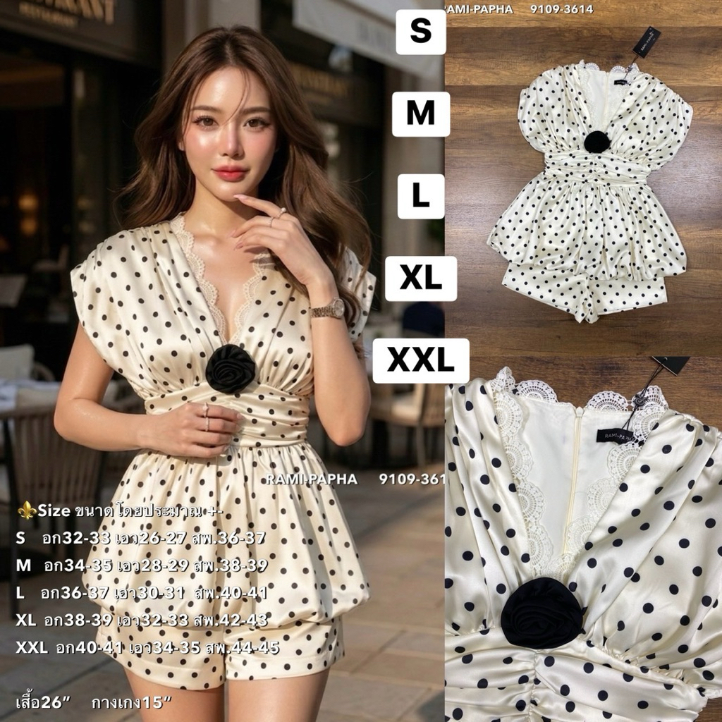พร้อมส่ง S-2XL⚜️RM 9109 ชุดเซต ลายจุด3ชิ้น เสื้อ+ขาสั้น+เข็มกลัด **ใหม่ล่าสุด