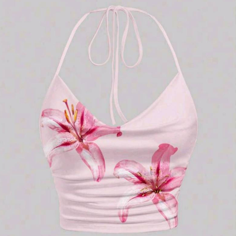 Crop TC2633 เสื้อกล้าม คล้องคอ ลายดอกไม้