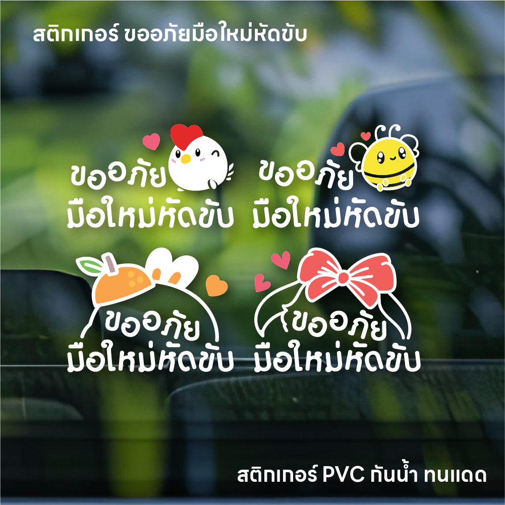 (W066) สติกเกอร์ ขออภัย มือใหม่หัดขับ(V.4) สติกเกอร์ PVC พิมพ์ขาว ลอกออกไม่ทิ้งคราบกาว ทนแดด สวยน่ารัก