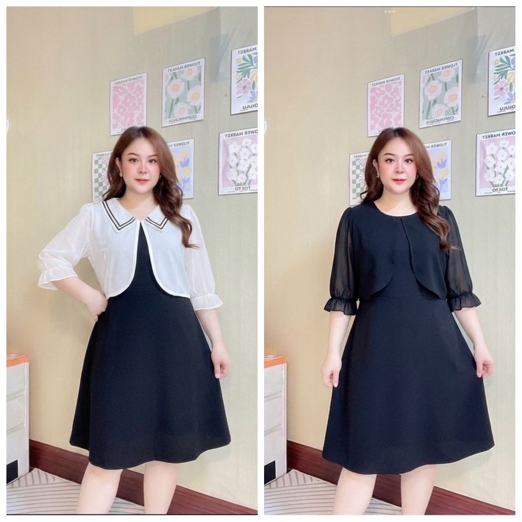 💓ชุดเดรสผ้ายืดวูลเวฟแขนเป็นผ้าซีฟองคะ💓มีสายผูกปรับไซส์ได้นะคะ