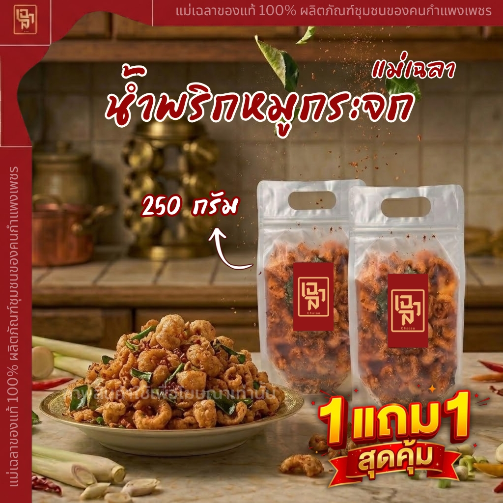 น้ำพริกหมูกระจก แม่เฉลา โปรโมชั่น1เเถม1 ( ขนาด250กรัม ) รสต้มยำ