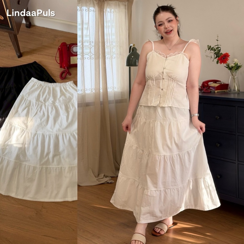 LindaaPlus-- กระโปรงยาวผ้าฝ้ายลินิน 🧺สาวอวบอ้วนใส่ได้ รุ่นนี้มีซับใน เอวสม๊อครอบ ดีเทลแต่งเป็นชั้นๆ รุ่นขายดี ใส่แมทง่าย