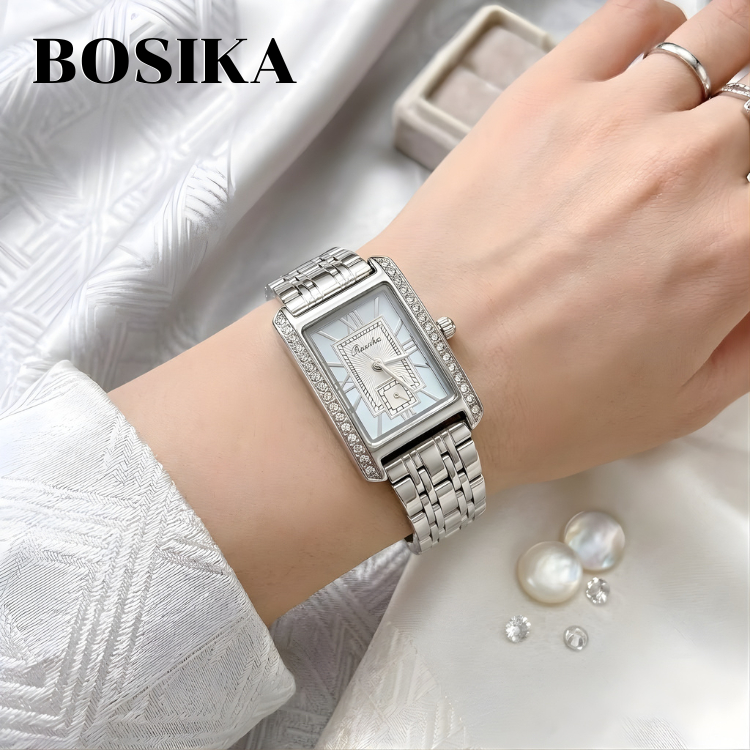 นาฬิกาข้อมือ BOSIKA สำหรับผู้หญิง สไตล์เรียบหรู ตัวเรือนทรงสี่เหลี่ยมผืนผ้า