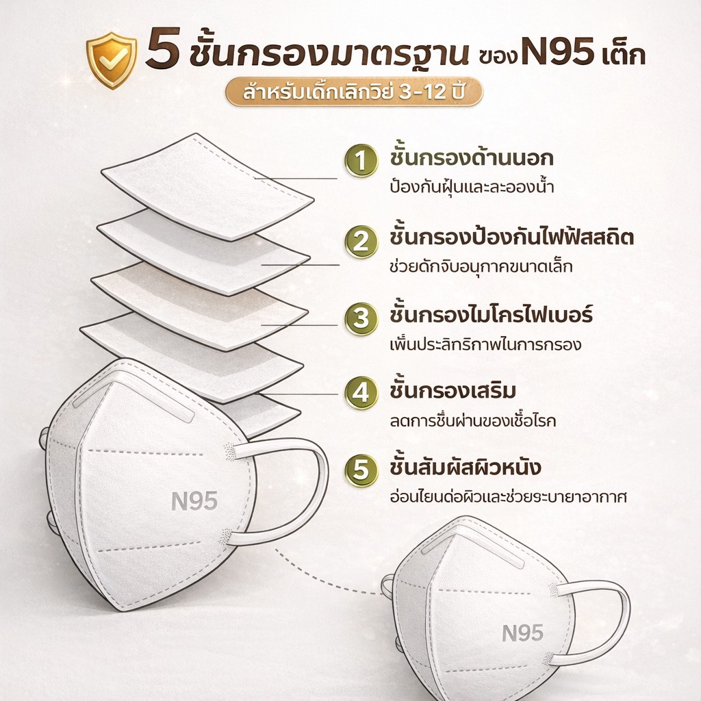 แมสเด็ก N95 ป้องกัน PM2.5 ซีลแยกทุกชิ้น 50 ชิ้น/กล่อง สำหรับเด็ก 4–12 ปี กรอง 95% ใส่สบาย รูปที่ 2