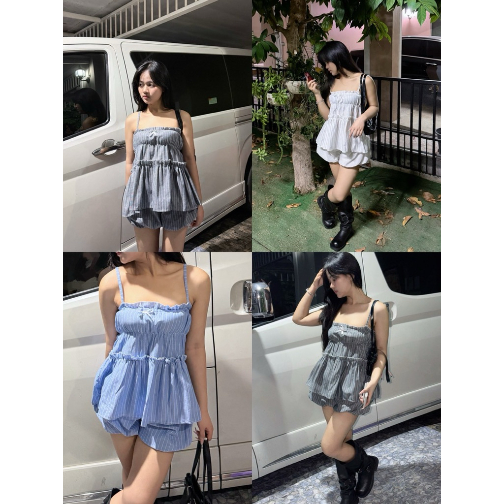 [bond9ineshopp] ชุดเซตสายเดี่ยวระบายชั้น ลายริ้ว กางเกงขาสั้นแต่งกระดุมแดง ทรงบาร์บี้ น่ารักสไตล์เกา