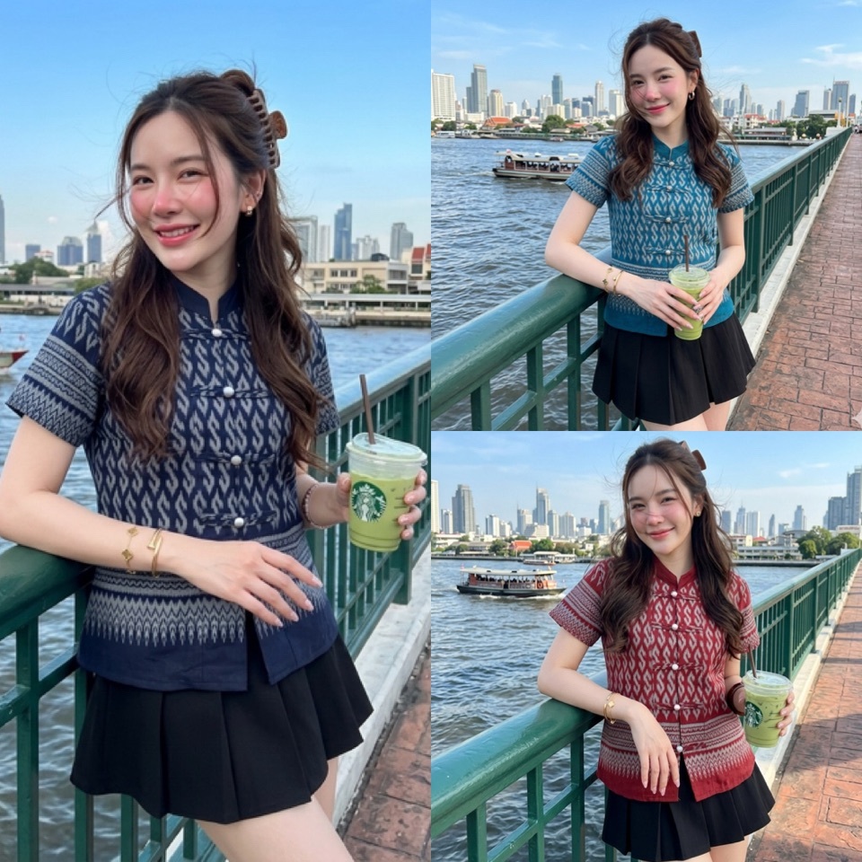 CNX - เสื้อคอจีนผู้หญิงลายขอพระราชทาน เสื้อผู้หญิง ใส่ทำงาน ใส่ออกงาน ผ้าฝ้ายพิมพ์ลายทรงสวยใส่สบาย (