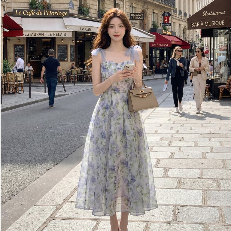 เดรสสายเดี่ยว ผู้หญิง พิมพ์ดอก สไตล์วันหยุด ทรงเอ ดีไซน์สวย ตัวยาว