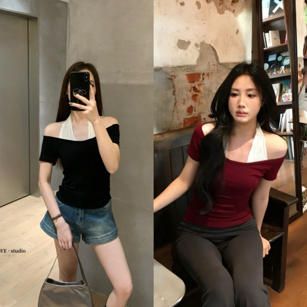 📍พร้อมส่ง แดง📍9140 เสื้อแขนสั้น คอกว้าง เย็บติดสายคล้องคอ เนื้อผ้าดีทรงสวย   TAG:WG.WE 🇰🇷