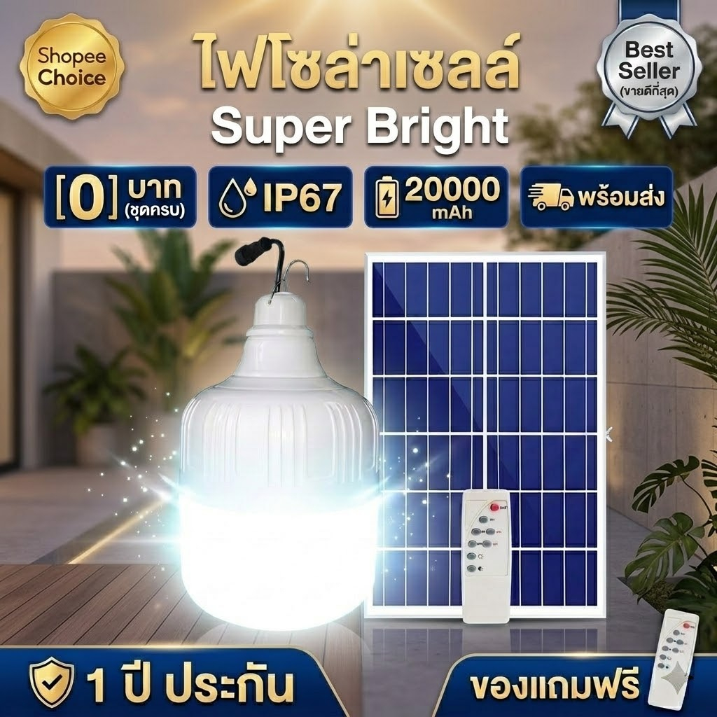 ไฟโซล่าเซลล์  400000W หลอดไฟโซล่าเซลล์  แสงสีขาว สว่างจ้า กันฝนกันฟ้าผ่าเปิดปิดอัตโนมัติ Solar Light LED IP67 กันน้ำ