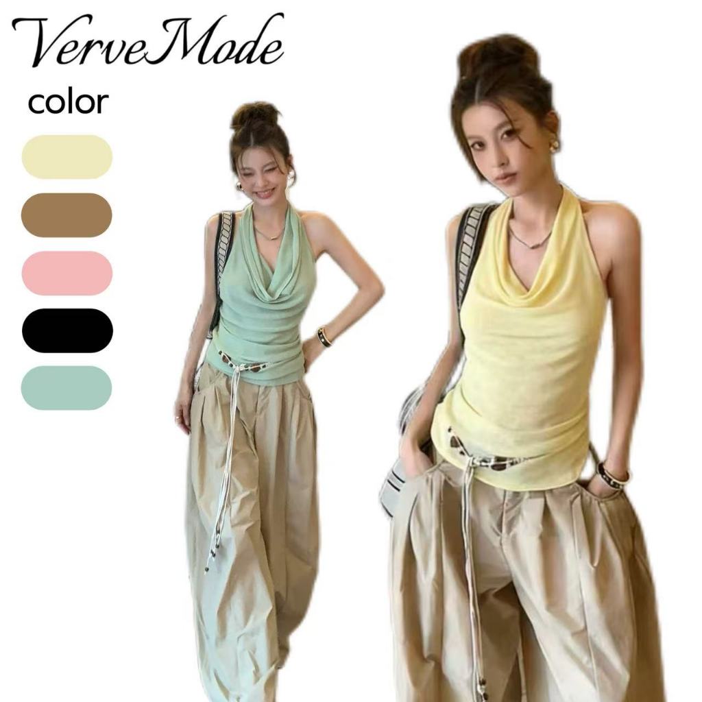 VerveMode.🍓จัดส่งในประเทศไทย🍓เสื้อครอปสไตล์ใหม่สำหรับฤดูร้อน สำหรับผู้หญิง ทรงสวยเซ็กซี่: เสื้อสายเดี่ยวแบบผูกคอและเปิดห