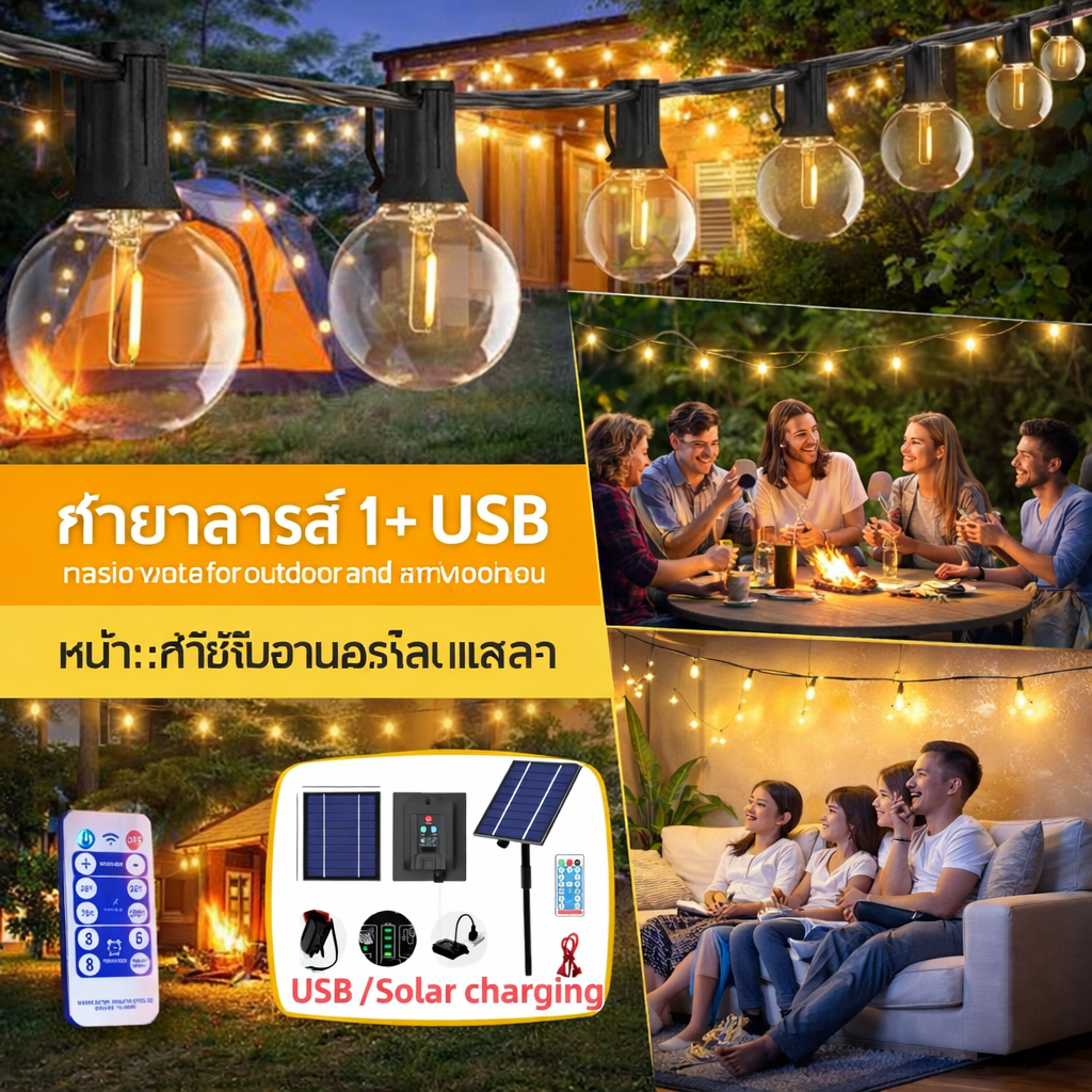 ไฟประดับโซลาร์เซลล์ G40: ไฟ LED สไตล์เรโทร กันกระแทก ทนทาน และกันน้ำ สำหรับตกแต่งกลางแจ้งขณะตั้งแคมป์ ไฟประดับแบบสายที่ส