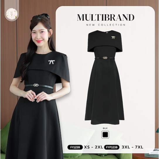 งานป้าย Multibrand 1239 {S-7XL} (ป้ายแท้) เดรสยาวทรงบาน สีพื้น แต่งคลุมไหล่ + เข็มกลัด + เข็มขัด