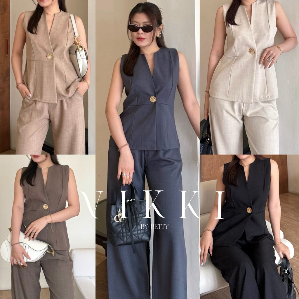 Vikki Set🌺 (ส่งด่วน🚗)ชุดเซ็ตแขนกุดติดกระดุมทอง มาพร้อมกางกางขายาวทรงขากระบอก