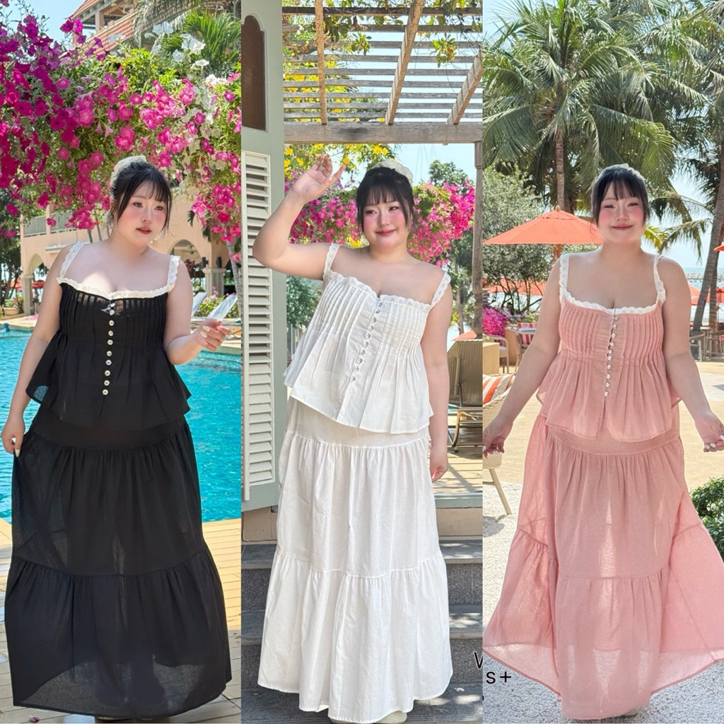 /WP/ ชุดเซ็ตโซคิวท์ มีไซส์อก38-52 เสื้อตีเกล็ดกระดุมหน้าแต่งลูกไม้+กระโปรงสม็อคหลัง จะใส่เป็นเซ็ตหรือแยกชิ้นใส่ คุ้มสุดๆ