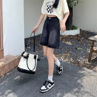 S~5XL MINI shorts jeans Dark grey กางเกงยีนส์ขาสั้นไล่สีสไตล์เรโทร กางเกงยีนส์ขาสั้นทรงตรงเอวสูงเนื้อบางสำหรับใส่ลำลองใน