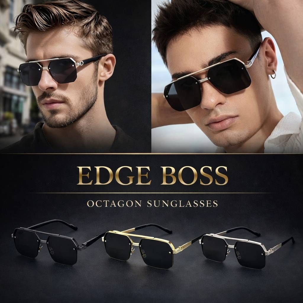 แว่นตากันแดดผู้ชายยุโรป อเมริกันรุ่น EDGE BOSS – Octagon แว่นแฟชั่นเท่ห์ๆ แว่นกันแดด UV400 แท้ ป้องกันรังสี UVA/UVB 100%
