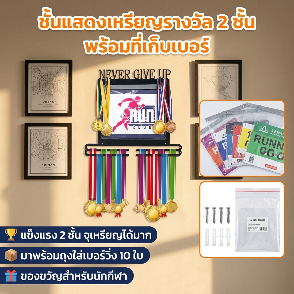 เหรียญแขวนจอแสดงผลติดผนัง เหรียญแสดงแขวนที่มีกระเป๋าจํานวนและตะขอ ติดตั้งง่าย เหล็กถ้วยรางวัลชั้นวาง