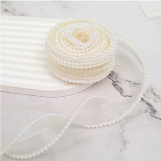 ริบบิ้นผ้าโปร่งขอบมุก กว้าง 4cm ยาว5 หลา ริบบิ้นขอบมุก ริบบิ้นตกแต่งเค้ก DIY ริบบิ้นตกแต่งดอกไม้