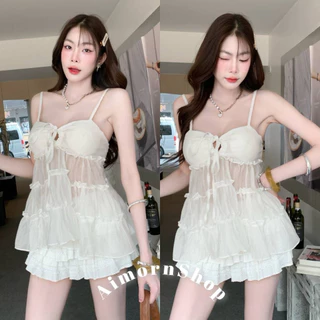 🔥aimorn_shop🔥เสื้อสายเดี่ยว แต่งชั้นงานระบายน่ารักๆ มีฟองน้ำผูกโบว์ด้านหน้าเซ็กซี่มาก งานสวย ผ้าบาง มีซับในช่วงอกให้นะคะ