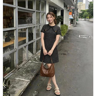 PNK025 Elise Dress✨ เดรสแขนสั้น คอกลม ผ้าทวิต ผูกโบว์ เรียบหรู Pinky Dressy