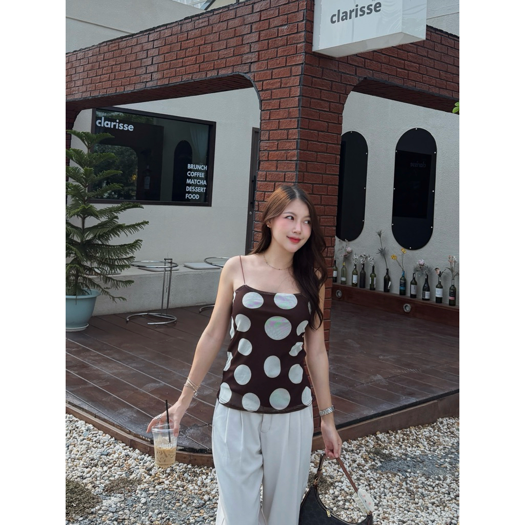 M134- เสื้อสายเดี่ยวลายจุดใหญ่ ผ้าชีฟอง ลุคเกาหลี เสื้อกล้ามแฟชั่นผู้หญิง ใส่เที่ยว คาเฟ่ สไตล์มินิมอล รูปที่ 2