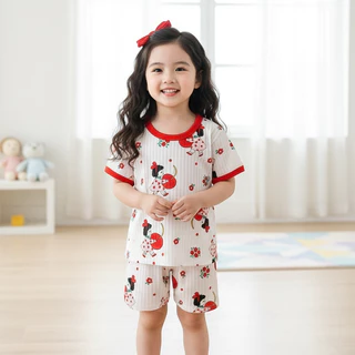 Babyonline(Y299)A1 (ส่งด่วน1วัน)ชุดนอนสำหรับเด็กแขนสั้นขาสั้นลายการ์ตูนน่ารัก มีกระดุมไหล่ ผ้าร่อง