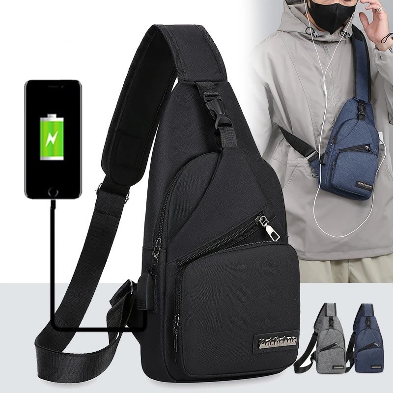 กระเป๋าสะพายไหล่ผู้ชาย Messenger ถุงผ้าใบกระเป๋าหน้าอกชาร์จ USB