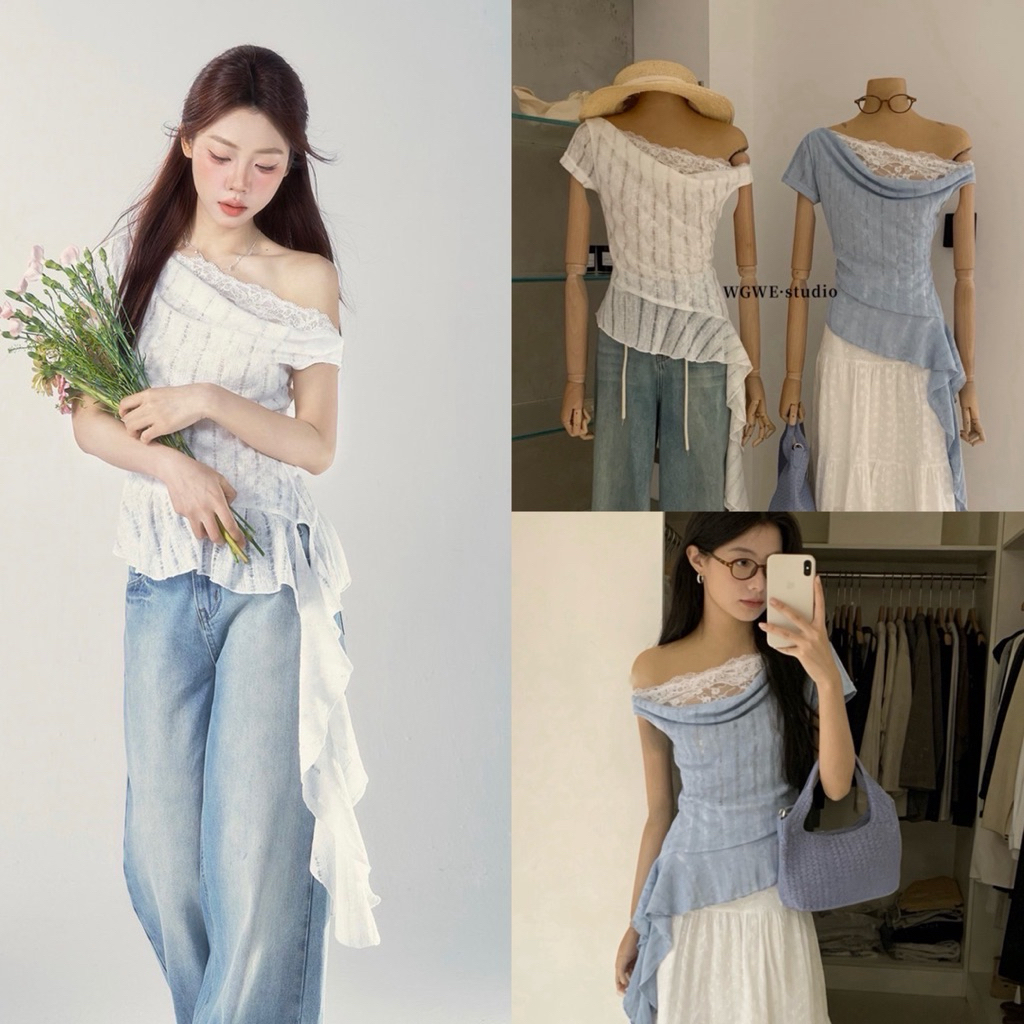 📍พร้อมส่ง📍8971# เสื้อคอถ่วง ช่วงอกเย็บติดลูกไม้  เนื้อผ้าดี งานสวย  TAG:WG.WE 🇰🇷