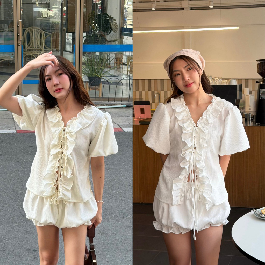 𝙎𝙪𝙣𝙨𝙝𝙞𝙣𝙚 𝙨𝙚𝙩✨☀️ชุดเซตผ้าดับบี้แขนพองแบบสั้นแต่งระบายขอบเสื้อน่ารักเหมาะกับหน้าร้อนแบบนี้ มาคู่กับกางเกงขาสั้นแบบพอง