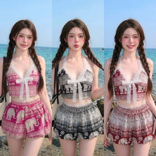 Set 2ชิ้นลายช้าง สายเดี๋ยวลูกค้าไม้ผูกโบว์+กางเกงบอลลูน(มีซั…