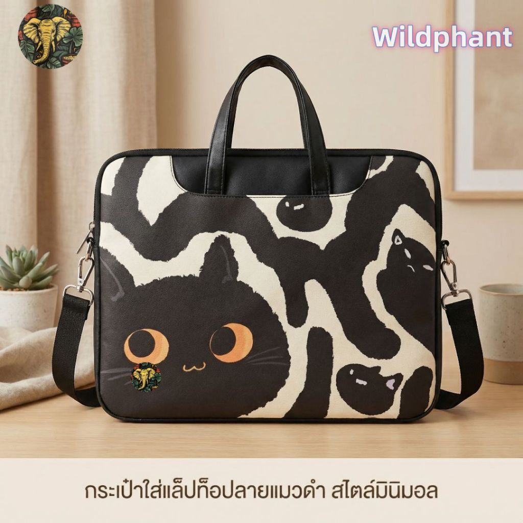 กระเป๋าใส่แล็ปท็อปสำหรับผู้ชายและผู้หญิง ลายการ์ตูนแมวดำสุดสร้างสรรค์ กันน้ำ กันฝุ่น ความจุขนาดใหญ่ มีให้เลือกหลายขนาด