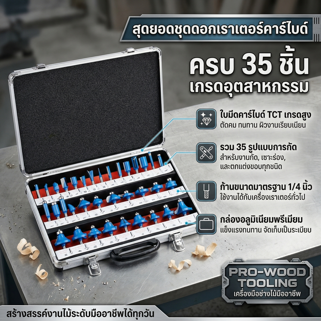 ชุดดอกเราเตอร์ 35 Pcs 1/4 (2 หุน) ดอกสีฟ้า