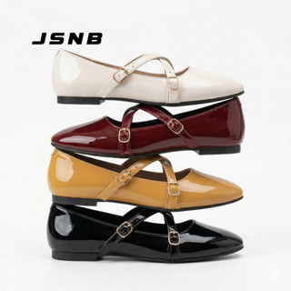 JSNB New!รองเท้าส้นแบนผู้หญิง Mary Jane หนังแก้ว/เงา สายไขว้…
