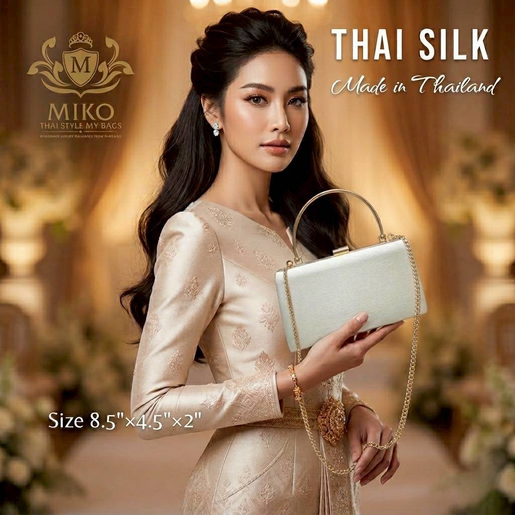 กระเป๋าถือถือผ้าไหมแท้ ทรงเจ้านาง สี่เหลี่ยมผืนผ้า  ใส่มือถือได้