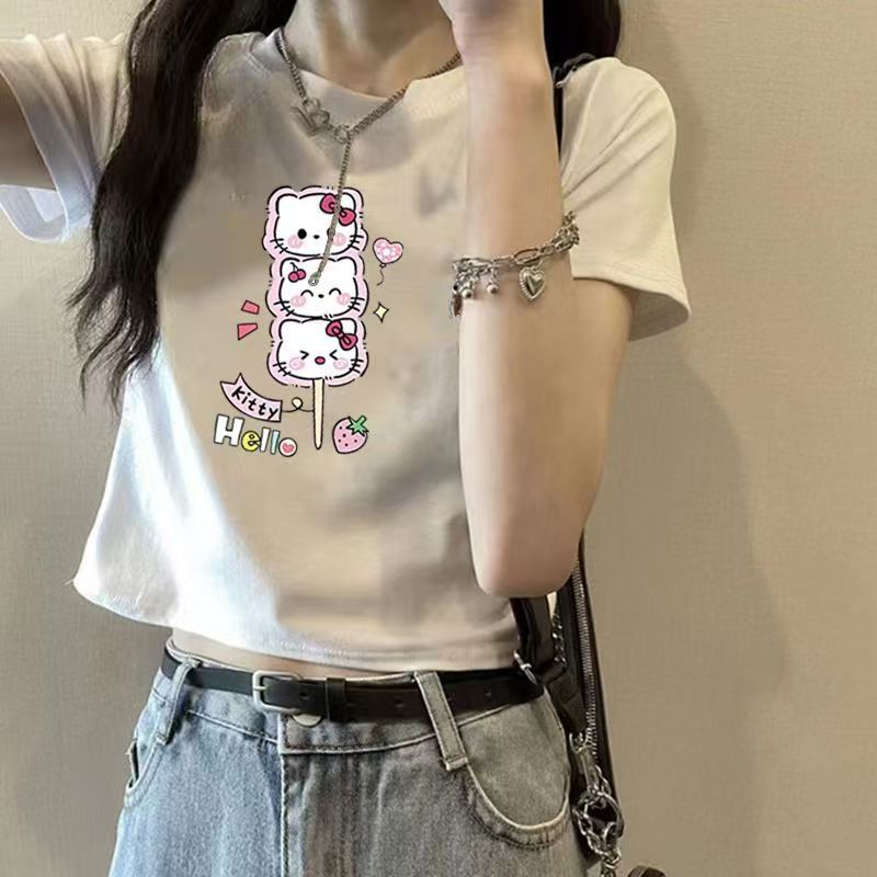 เสื้อครอปคอกลมแขนสั้น Hello Kitty ลายสวย E8016
