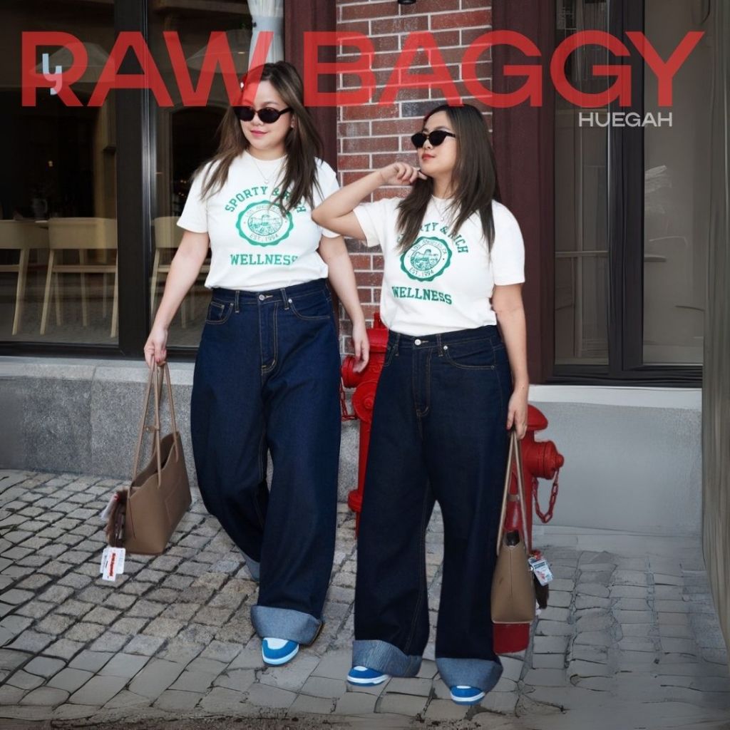 📍พร้อมส่ง 👈HUEGAH Raw Baggy Denim (XS-14XL) กางเกงยีนส์ขากระบอกยีนส์ไม่ฟอก