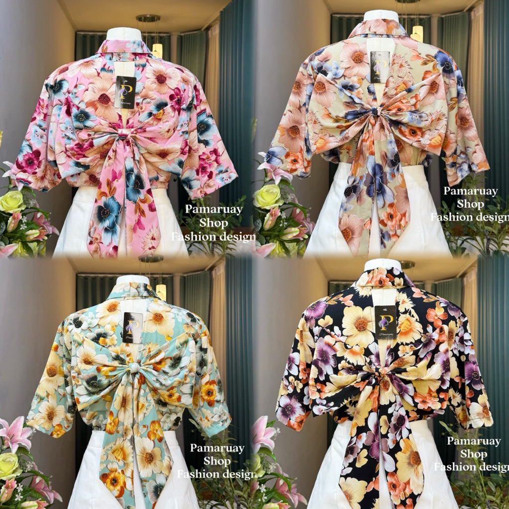 Pamaruay งานป้าย (P85)เสื้อเชิ้ตโบว์หลังลายสงกรานต์ ผ้าไหม100D อก44″ ยาว25″ แฟชั่นสไตล์ไทย – โปรปัง
