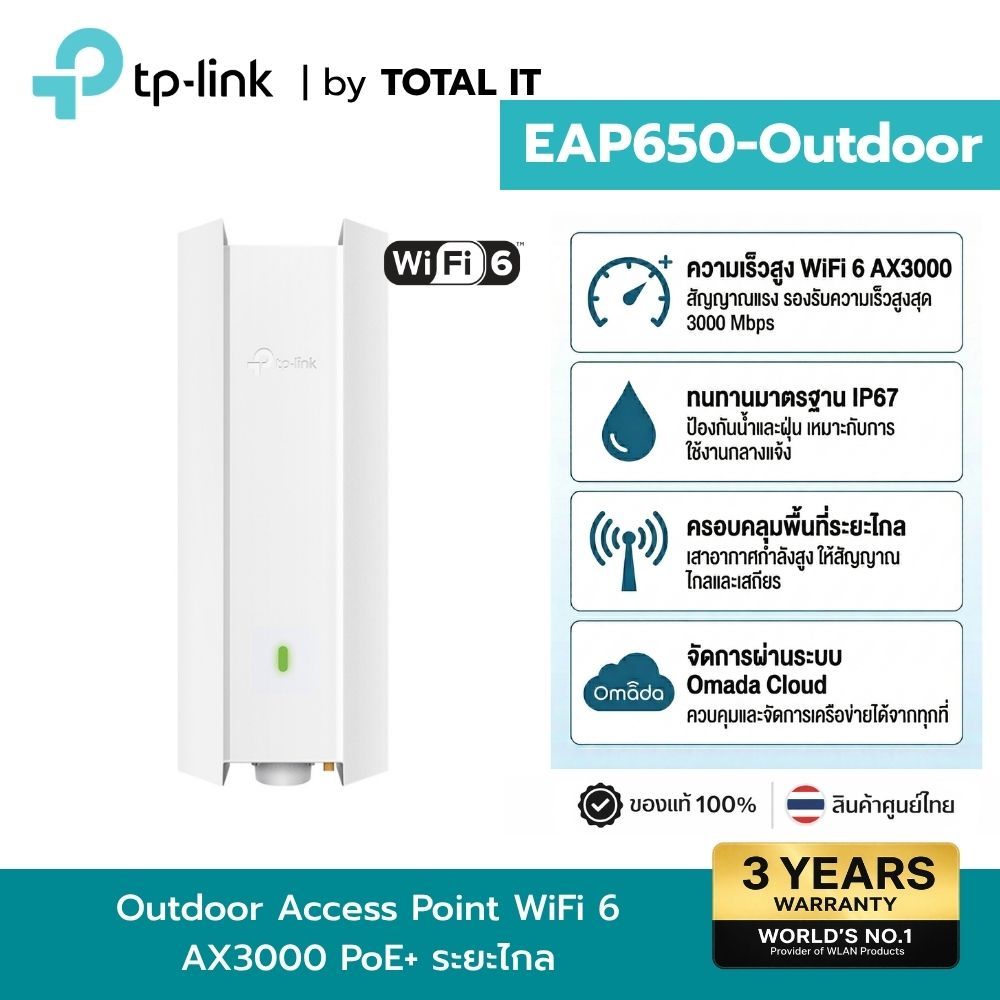 (AP กลางแจ้ง) TP-Link EAP650-Outdoor AX3000 Wi-Fi 6 Access Point Omada Mesh กันน้ำ IP67