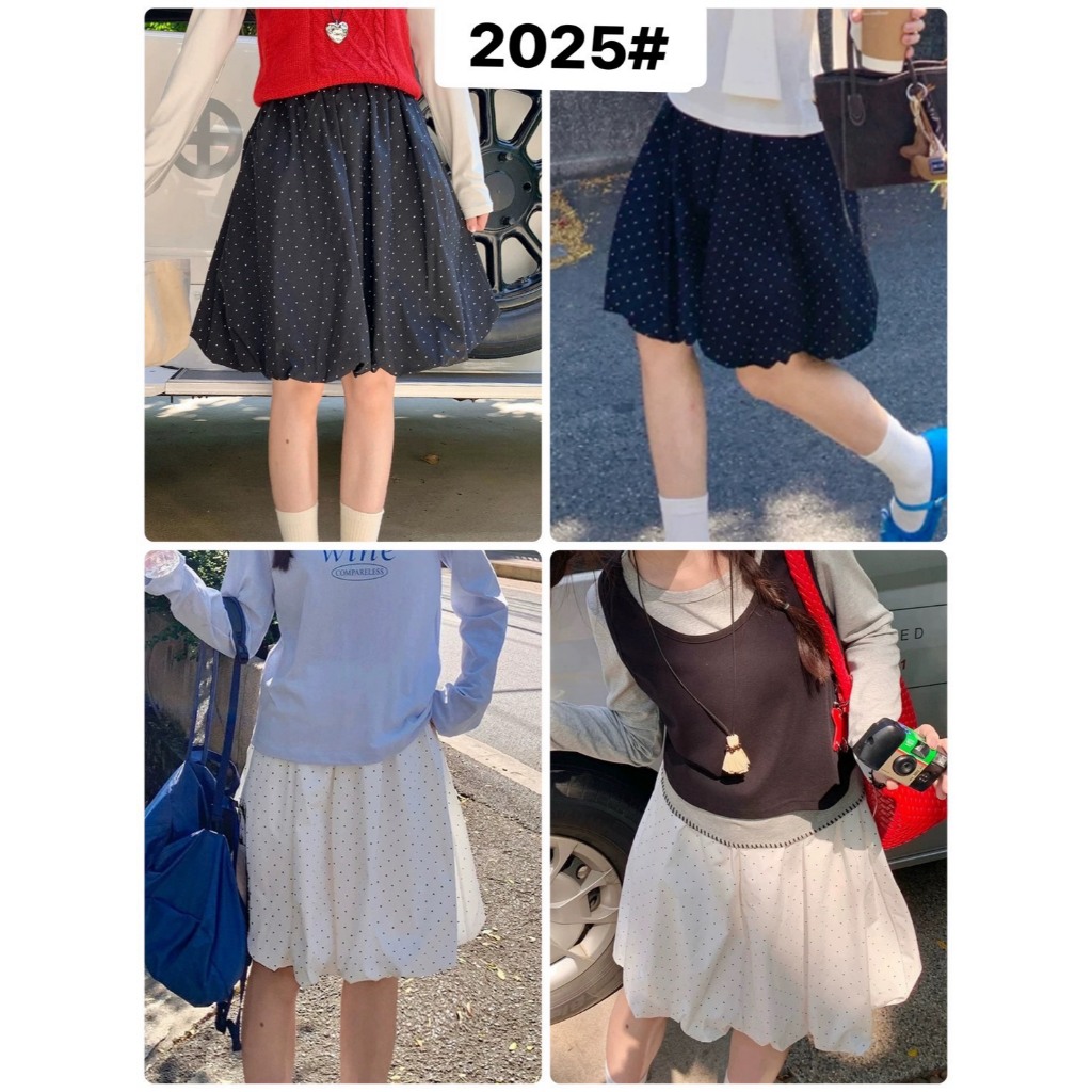 2025# กระโปรงลายจุด ทรงบอลลูนความยาวเข่า เอวยางยืดรอบ