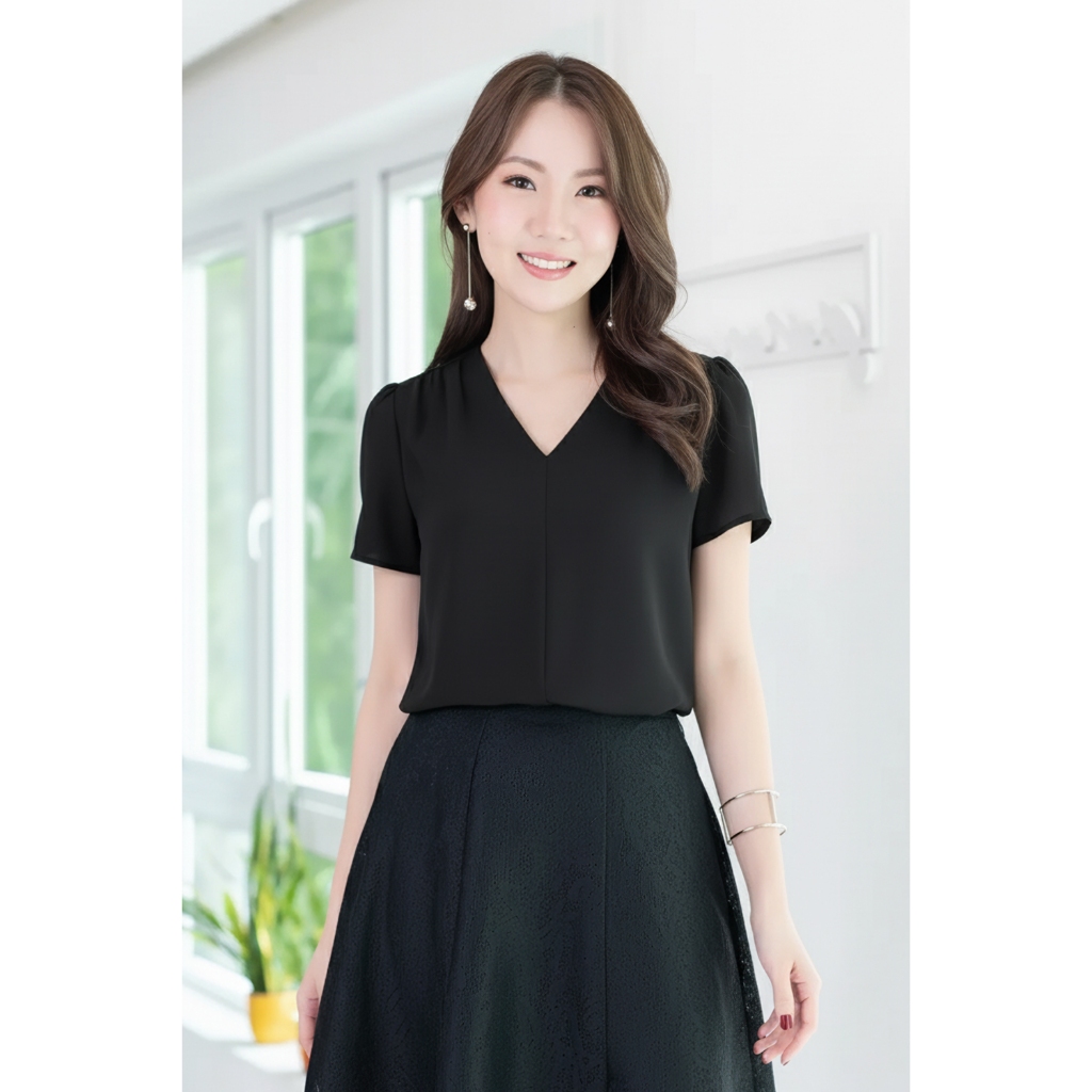 Narinari : MT0601 V-Collar Sophie Blouse – เสื้อทำงานคอวี สีพื้นเนียนลื่น
