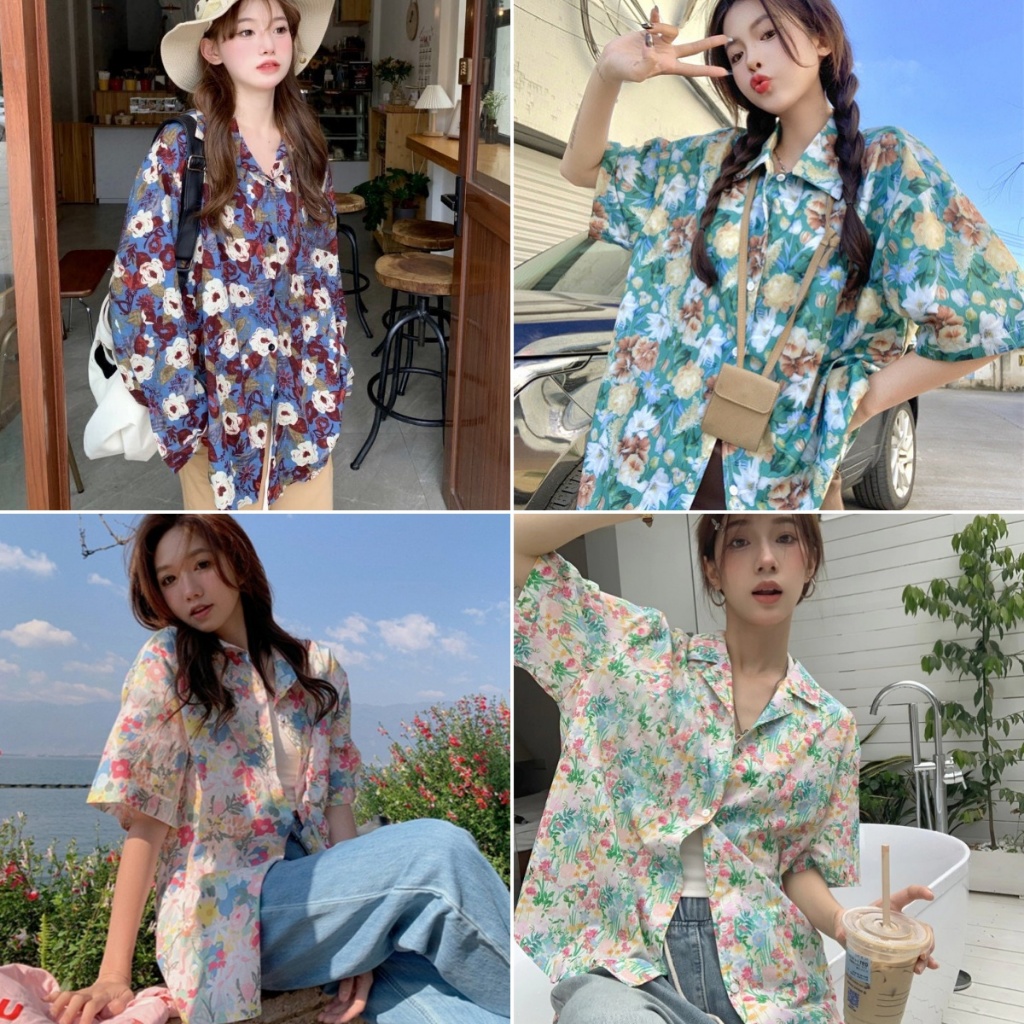 cherryshop พร้อมส่ง เสื้อลายดอกผู้หญิงน่ารักๆ แขนสั้น ลำลองหลวมๆ หน้าร้อน สงกรานต์