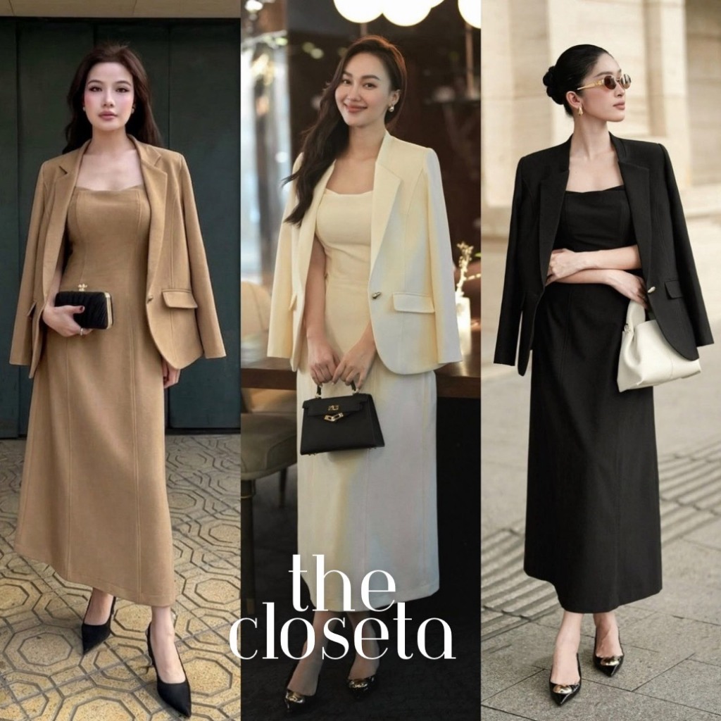 THE CLOSETA : LB628 ชุดเดรสสายเดี่ยว พร้อมเสื้อสูทเข้าชุด