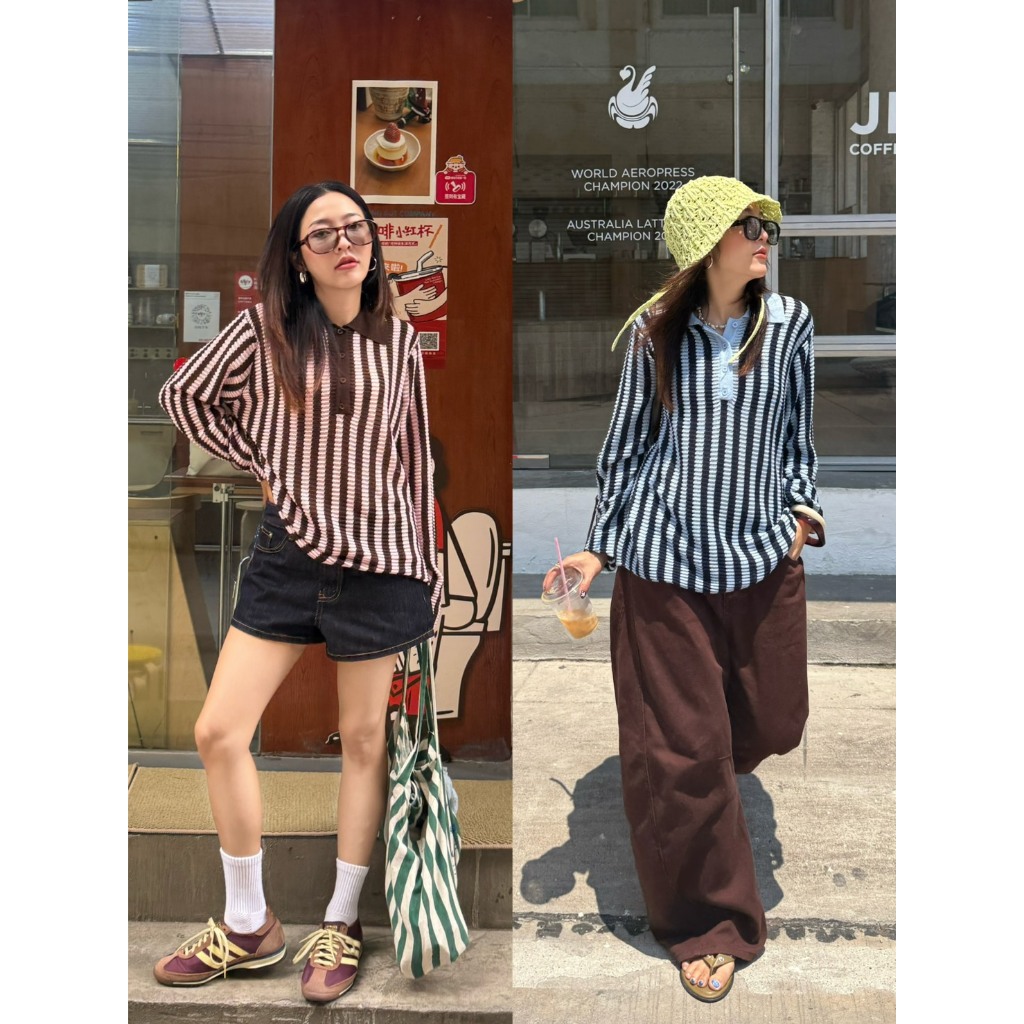 Nobi Polo - แขนยาวโปโลไหมพรมลายริ้ว วินเทจ