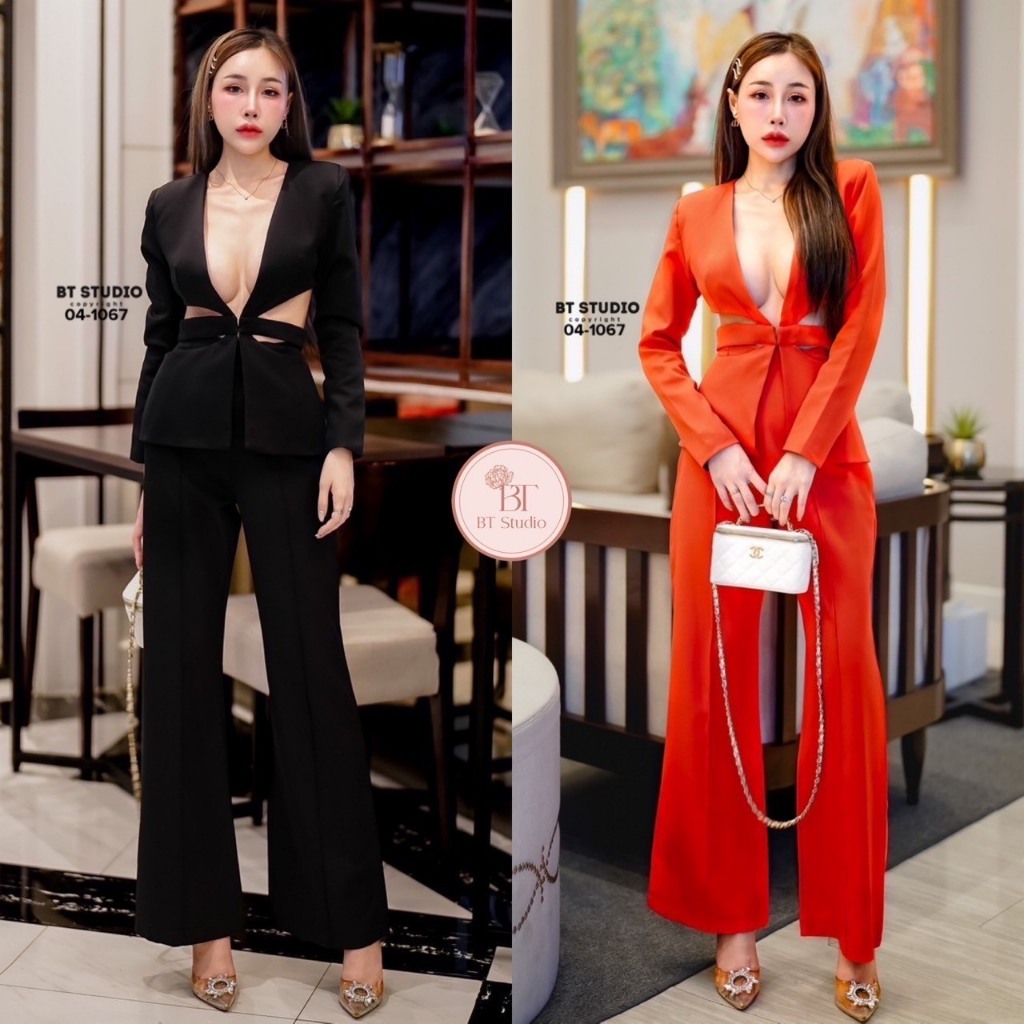 BT 04-1067 เซท 2 ชิ้น เสื้อเบเซอร์แขนยาว เว้าเอวแต่งสายคาดกลาง แมทซ์กับกางเกงขายาวแต่งสายเส้นเล็กที่คาดเอว