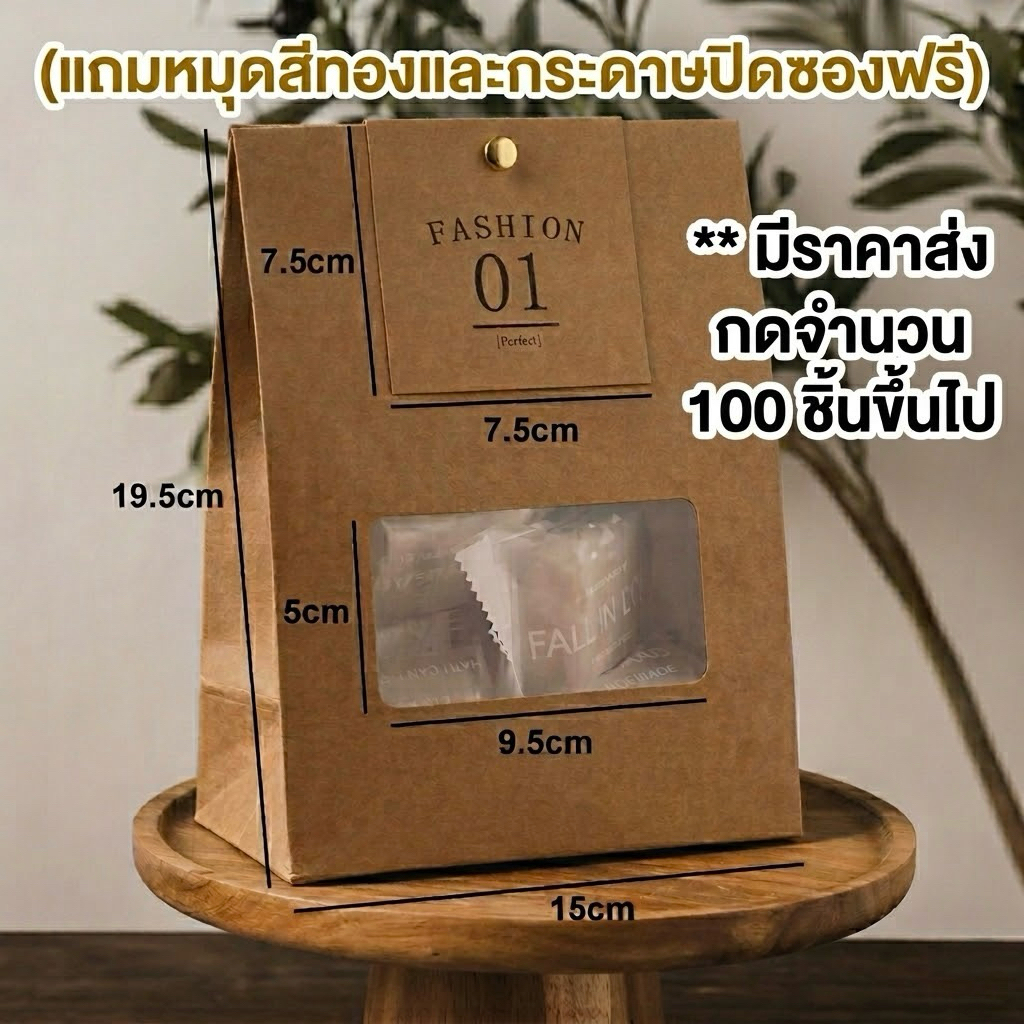 ถุงกระดาษคราฟท์หน้าต่างใส ใส่ขนม คุกกี้ หรืออื่นๆ (ขั้นต่ำ10ใบ)