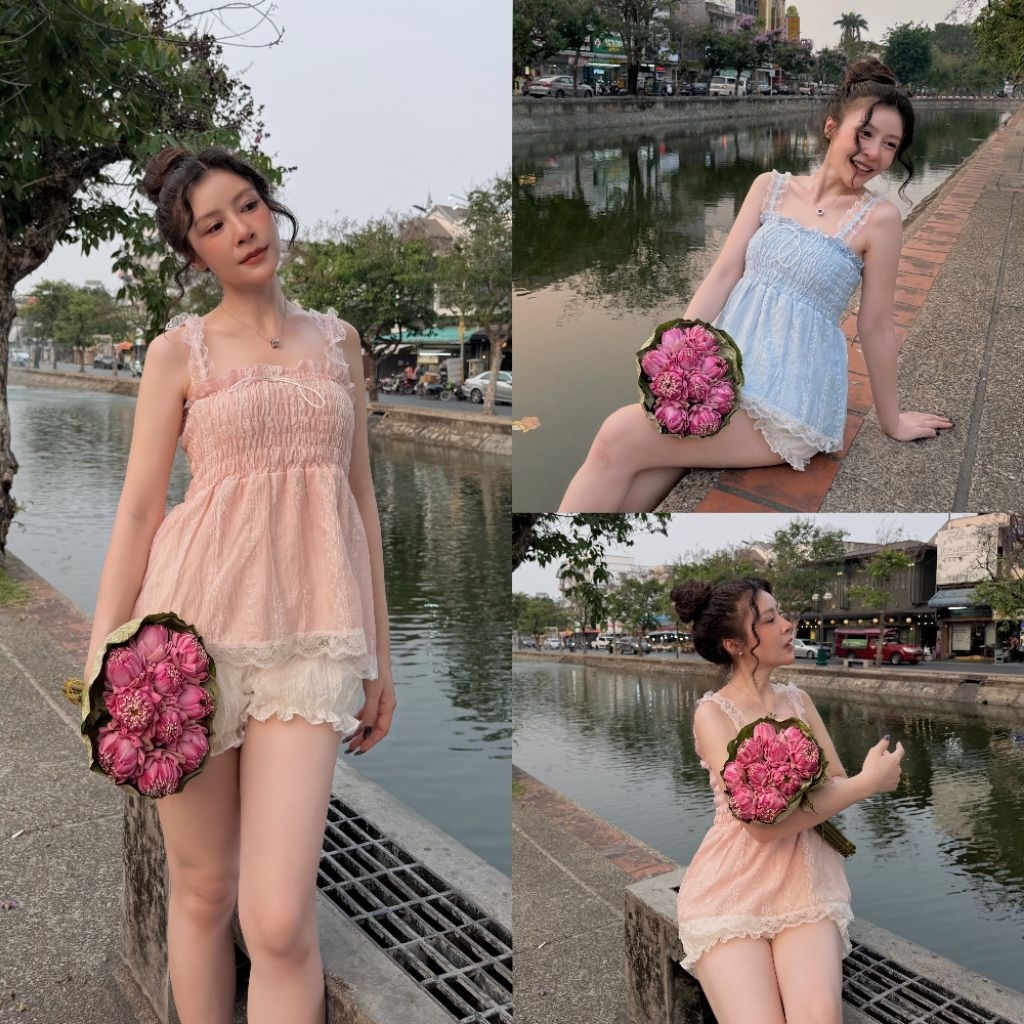 Rosy Top 🩷เสื้อสายเดี่ยวลายดอกไม้ แต่งชายระบายลูกไม้