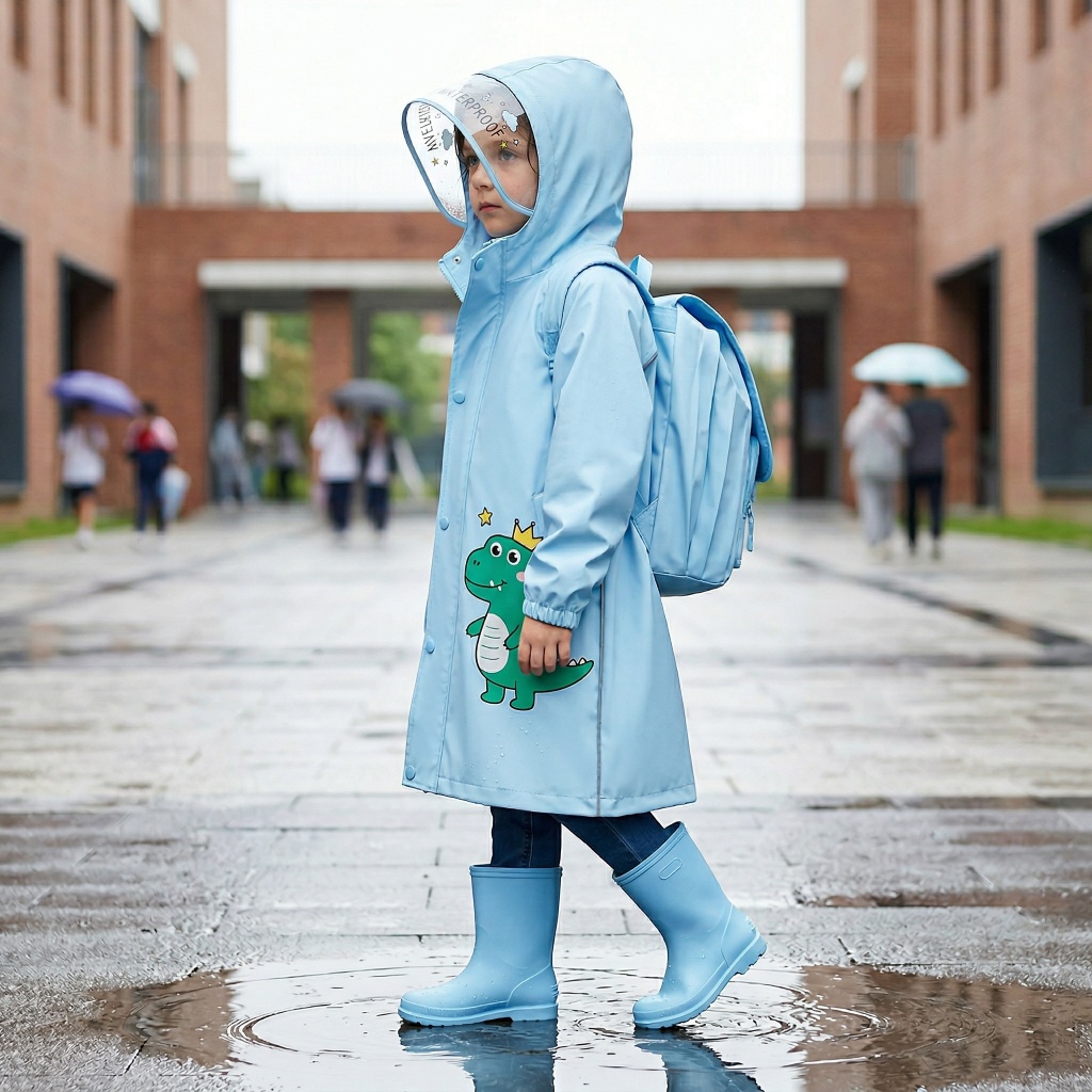 เด็ก และนักเรียนใช้เสื้อกันฝนทั้งตัวพร้อมแถบสะท้อนแสงกลางคืนสามารถนำกลับมาใช้ใหม่ได้เพื่อป้องกันน้ำฝนออกแบบการ์ตูน