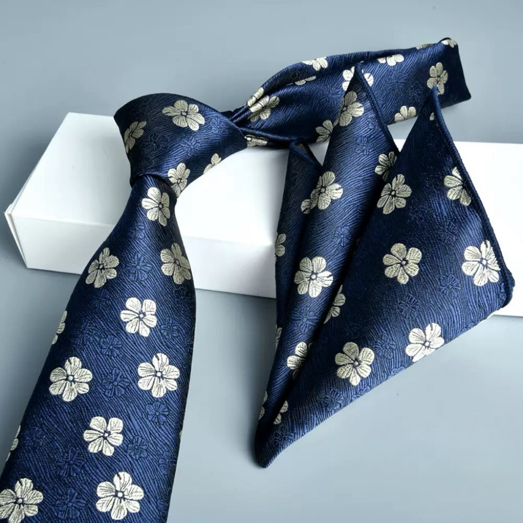 👔เซตเนคไทสูทผู้ชาย พร้อมผ้าเช็ดหน้า พรีเมียม ใส่ทำงาน ออกงาน สีน้ำเงิน-เทา